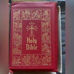 Vintage 1950’s large Red leather Catholic Holy Bible with Gold gilding.